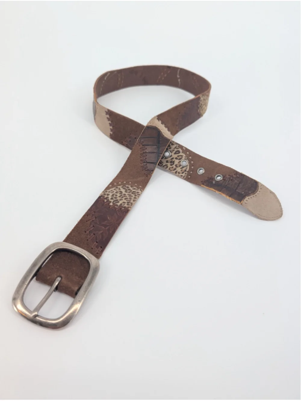 Fossil Leather Patchwork Belt M Brown Tooled Leopard Whipstitch Boho Western